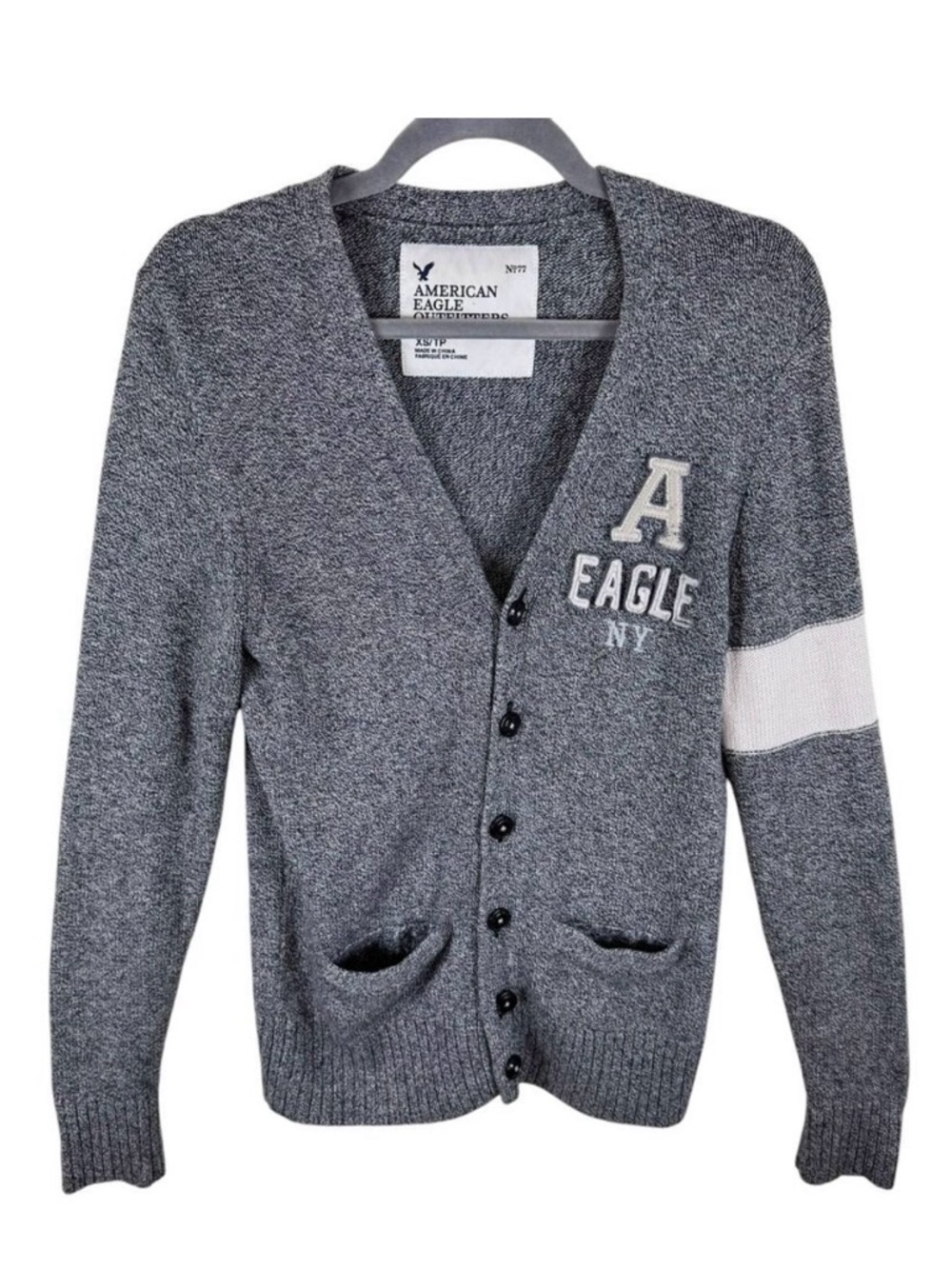 American Eagle Gray V-Neck Button Up Letterman Sweater Wool Cotton Size XS